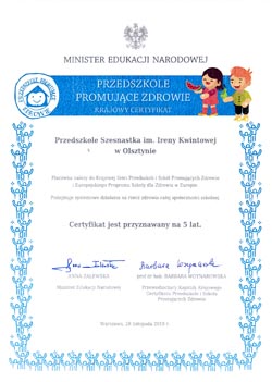 przedszkole promujące zdrowie - certyfikat